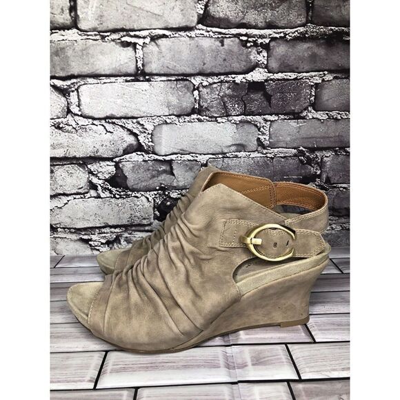 Earthies Earth Santo Taupe Suede Leather Peep Ankle Wedge Booties Women sz 10B - Picture 14 of 16